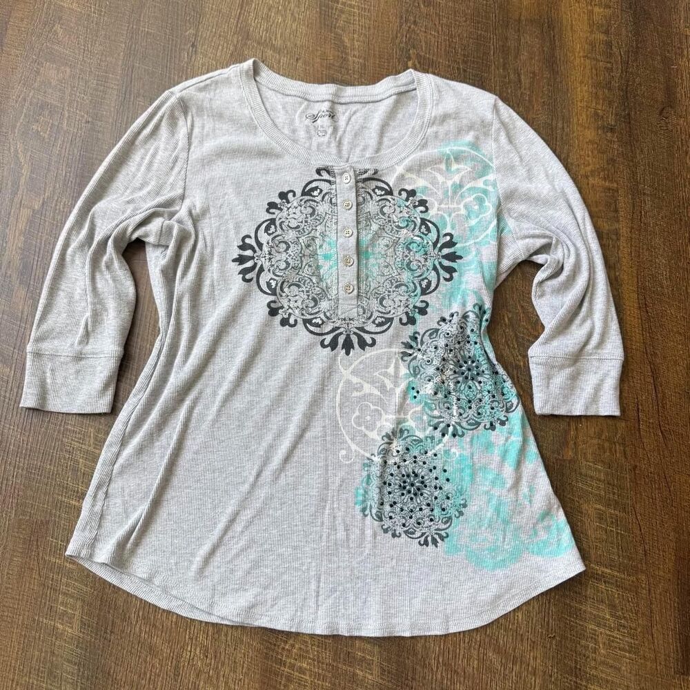 Style&Co Sport gray henley rhinestone medallion graphic long sleeve